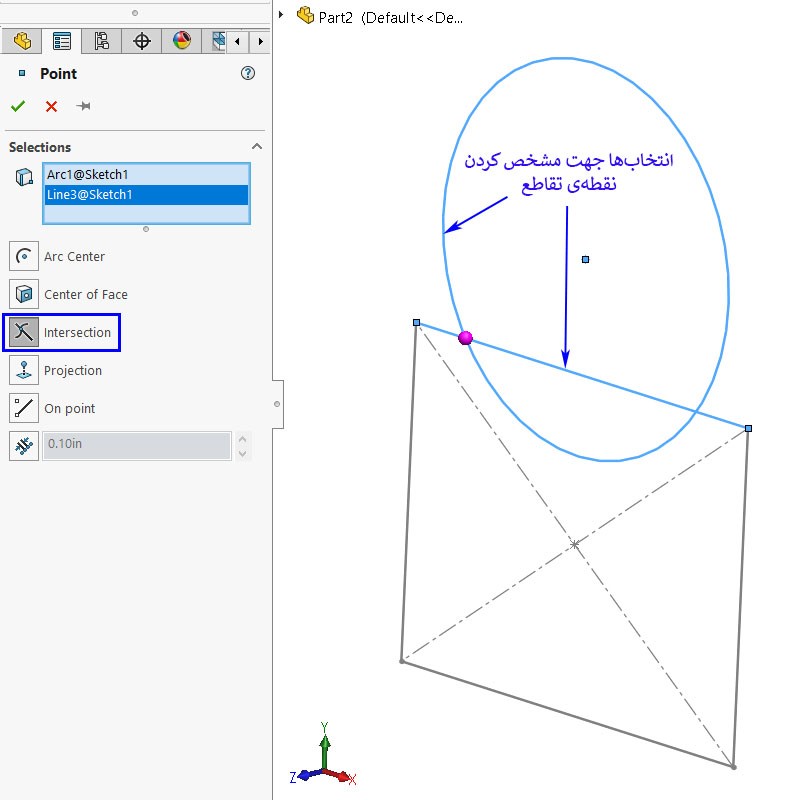 ایجاد نقطه در تقاطع دو خط با استفاده از بخش Intersection در دستور Point در SOLIDWORKS